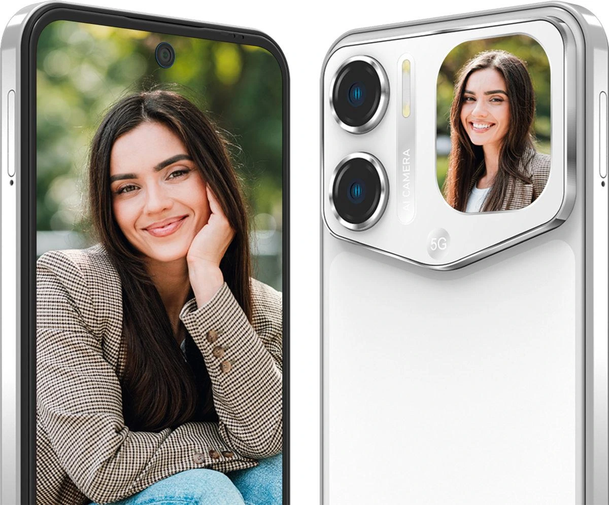 Ön yüzünde kadın portresi, arka yüzündeki küçük ekranda aynı portre görünen beyaz telefon