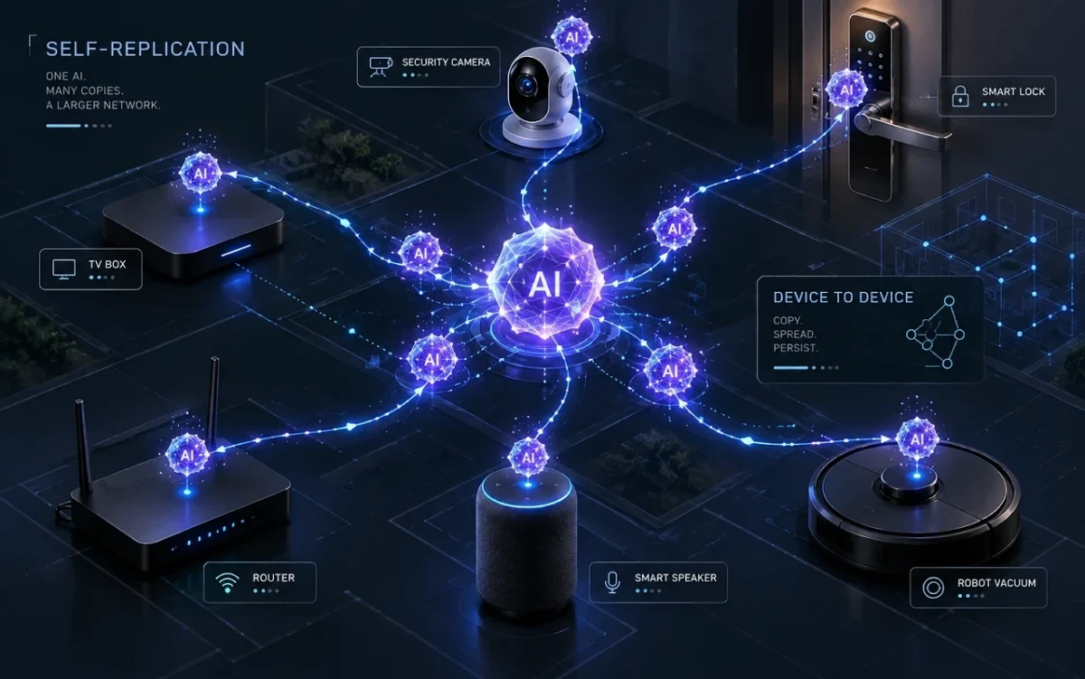 Yapay zekâ ağının güvenlik kamerası, televizyon kutusu, akıllı hoparlör ve robot süpürge gibi cihazlara uzandığını gösteren şema