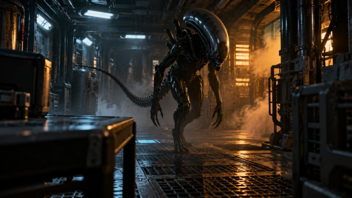 Alien: Isolation’ı çağrıştıran karanlık bir bilim kurgu koridorunda duran Xenomorph