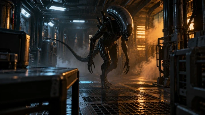 Alien: Isolation’ı çağrıştıran karanlık bir bilim kurgu koridorunda duran Xenomorph