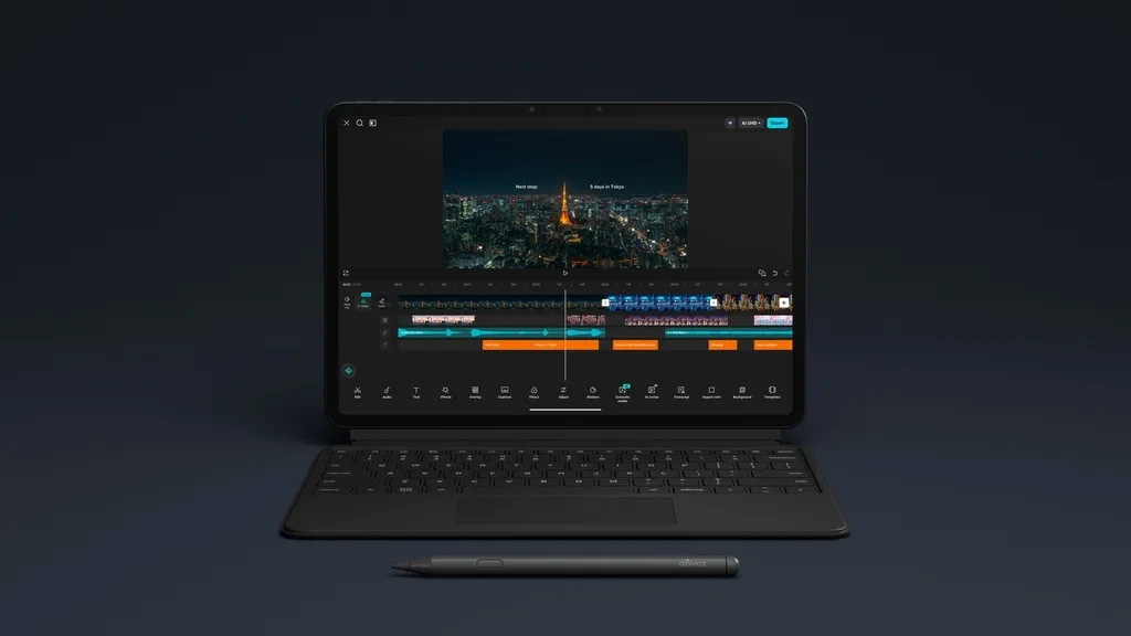 Klavye ve kalemle kullanılan tablette video düzenleme arayüzü