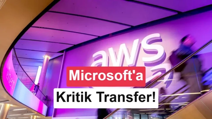 AWS logosunun önünde fuar alanında bulunan kişiler