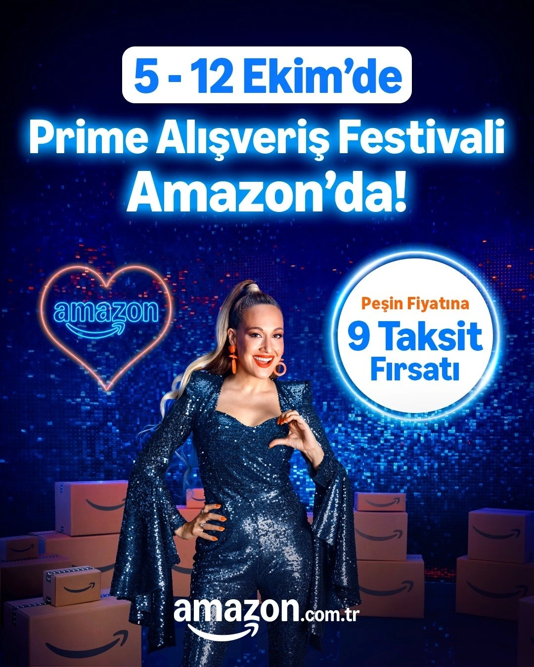 Amazon Prime Alışveriş Festivali’nin 5-12 Ekim tarihleri arasında düzenleneceğini ve peşin fiyatına dokuz taksit fırsatını duyuran kampanya görseli