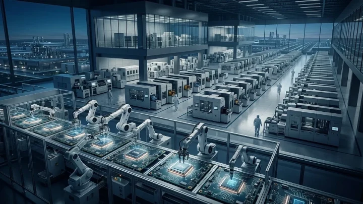 Yarı iletken üretim tesisinde çiplerin robotik kollar ve makinelerle işlendiği üretim hattı