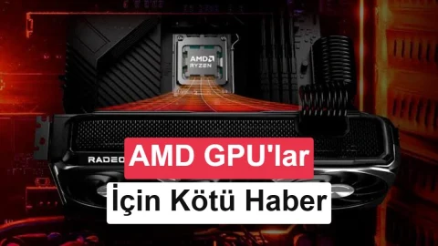 Renkli arka plan önünde üç fanlı Radeon ekran kartı