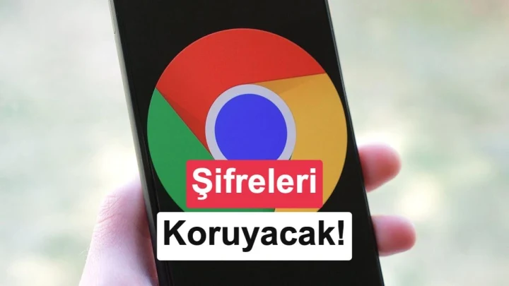 Akıllı telefon ekranında Google Chrome logosu ve şifreleri korumaya ilişkin yazı
