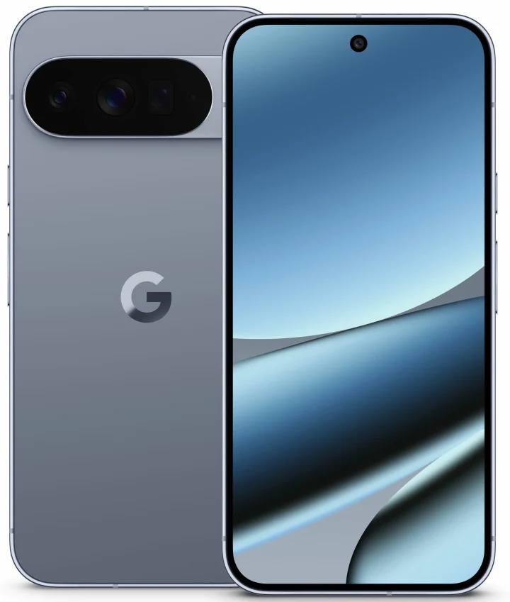 Ön ve arka yüzü görünen gri renkli Google Pixel telefon