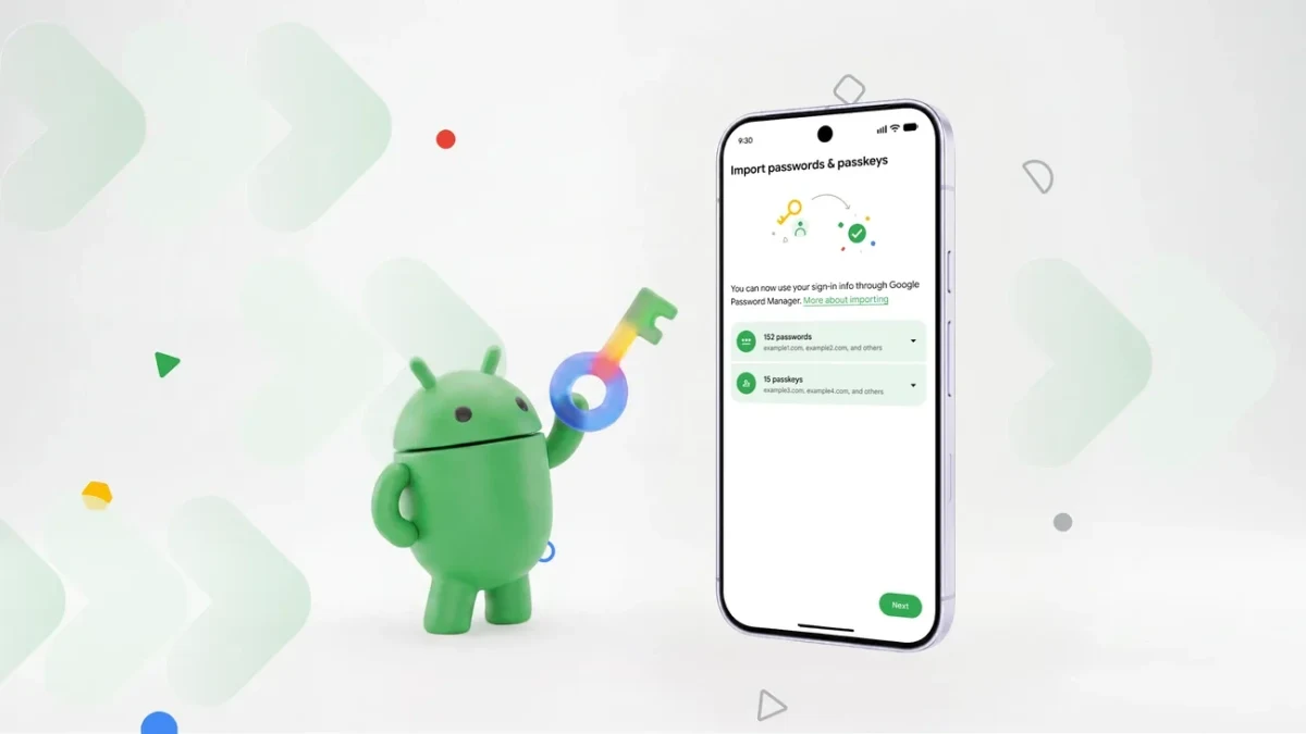 Android telefon ekranında parola ve geçiş anahtarı içe aktarma arayüzü, yanında Android robotu