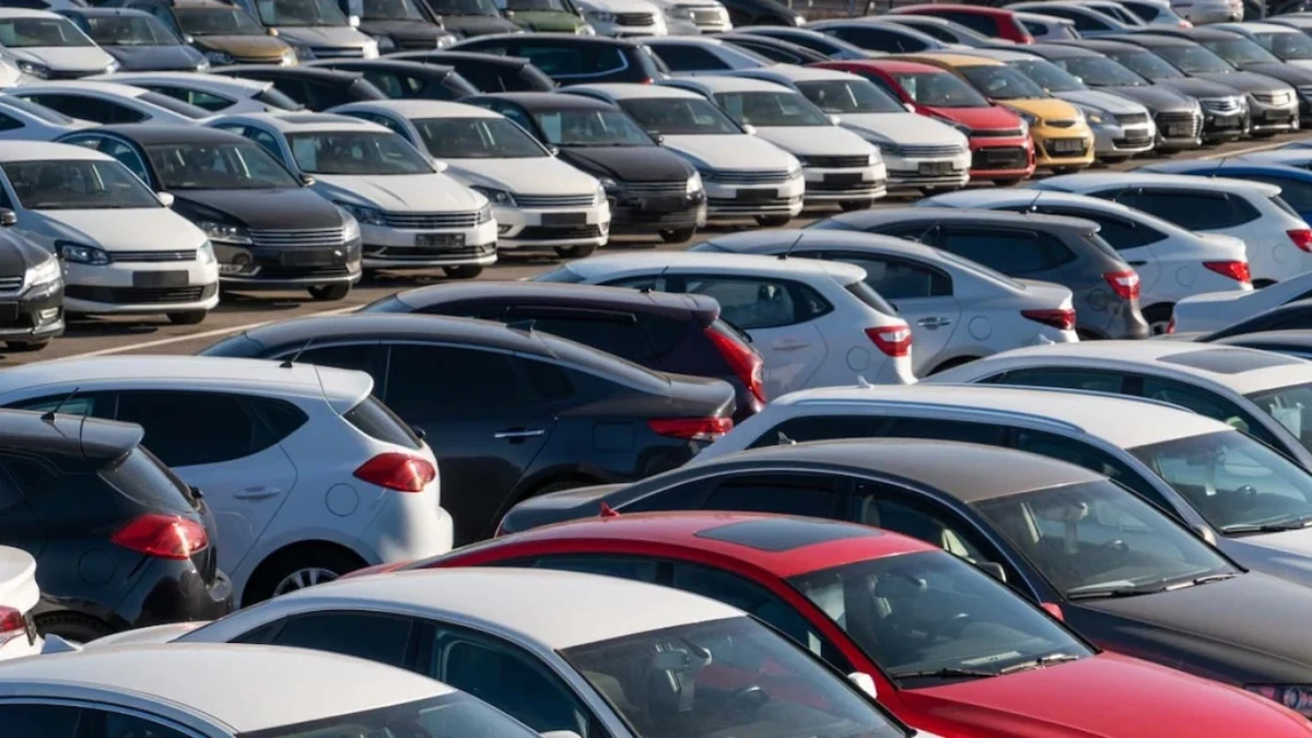 Bir otoparkta farklı renklerde sıralanmış araçlar
