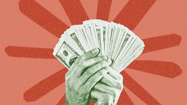 Bir çift elin yelpaze biçiminde dolar banknotları tuttuğu illüstrasyon