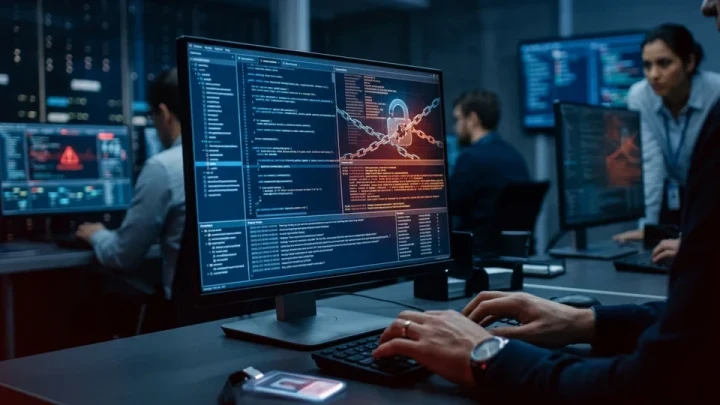 Bilgisayar ekranlarında siber güvenlik uyarıları ve kodlar görülen ofis ortamı