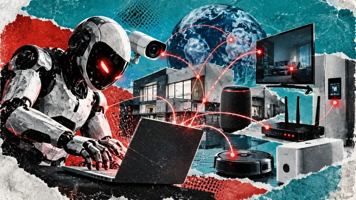 Bir dizüstü bilgisayar kullanan robot ve ağa bağlı cihazları gösteren illüstrasyon