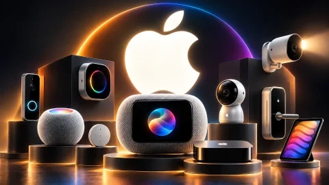 Apple logosu çevresinde akıllı hoparlör, kamera, kapı zili ve tablet gibi akıllı ev ürünleri