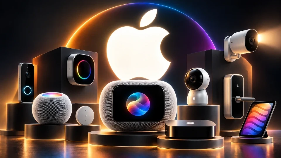 Apple logosu çevresinde akıllı hoparlörler, güvenlik kameraları, kapı zili ve tablet