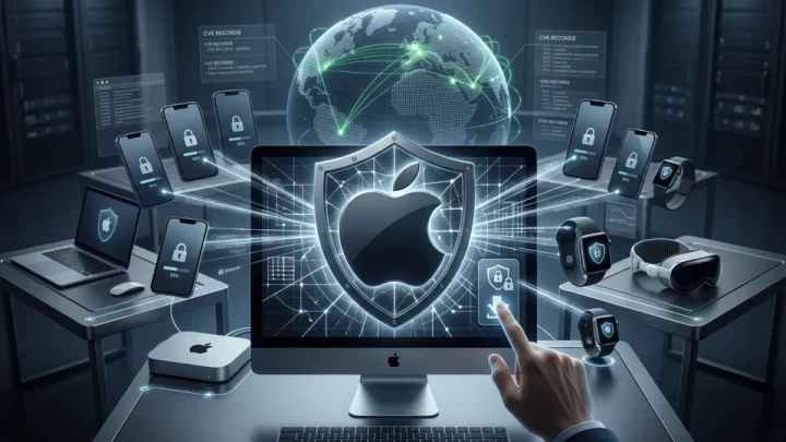Apple cihazlarını ve dijital güvenlik simgelerini gösteren temsili görsel