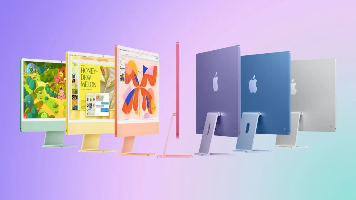 Farklı renklerde Apple iMac bilgisayarları yan yana gösteriliyor