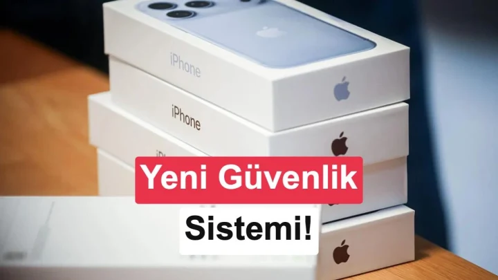 Üst üste dizilmiş iPhone kutuları ve yeni güvenlik sistemi yazısı