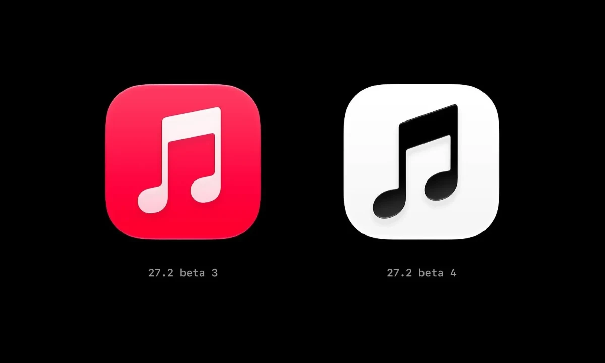 Apple Music’in kırmızı simgesi ile iOS 27.2 beta sürümünde görülen siyah-beyaz yeni simgesi yan yana