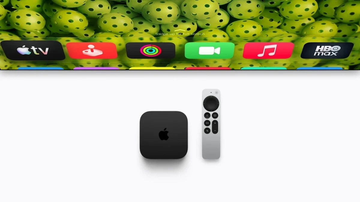 Apple TV kutusu ve uzaktan kumandası, üstte televizyon uygulamaları