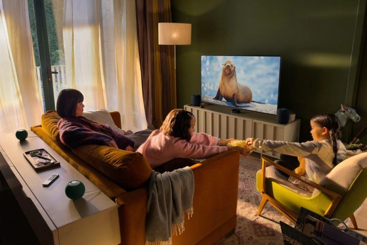 Aile, oturma odasında televizyonda belgesel izliyor