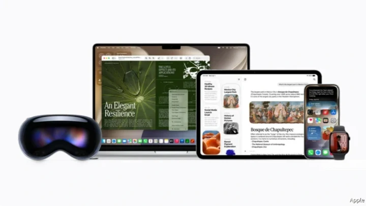 Apple Vision Pro, MacBook, iPad, iPhone ve Apple Watch cihazları birlikte gösteriliyor