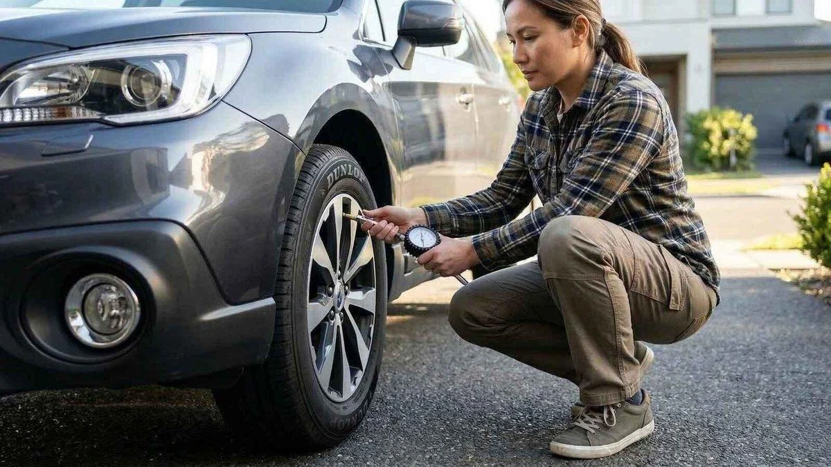 Bir kişi otomobilin lastik basıncını ölçüyor