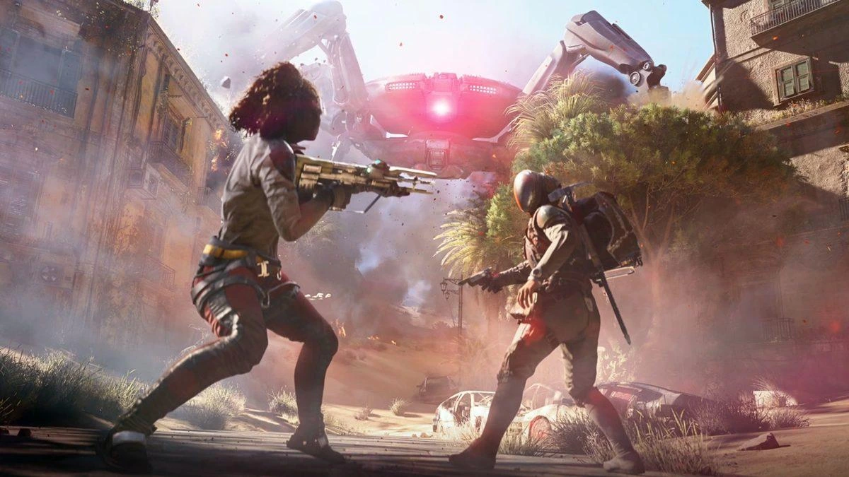 Arc Raiders'ta iki silahlı karakter ve havadaki büyük makine