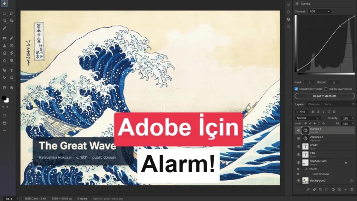 Ekranda Adobe için Alarm yazısı bulunan, dalga illüstrasyonlu bir görsel düzenleme arayüzü