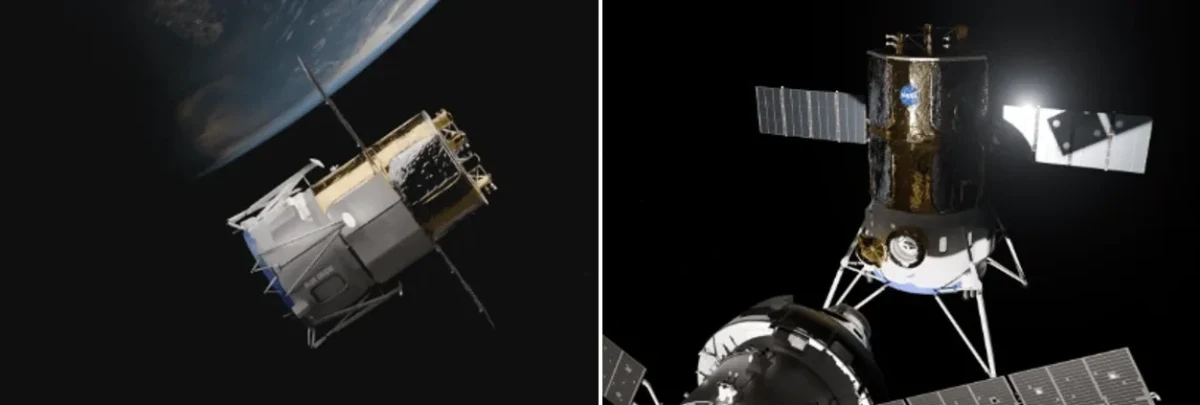 Dünya yörüngesinde Blue Moon test aracı ile bir kenetlenme aracını gösteren iki uzay aracı görseli