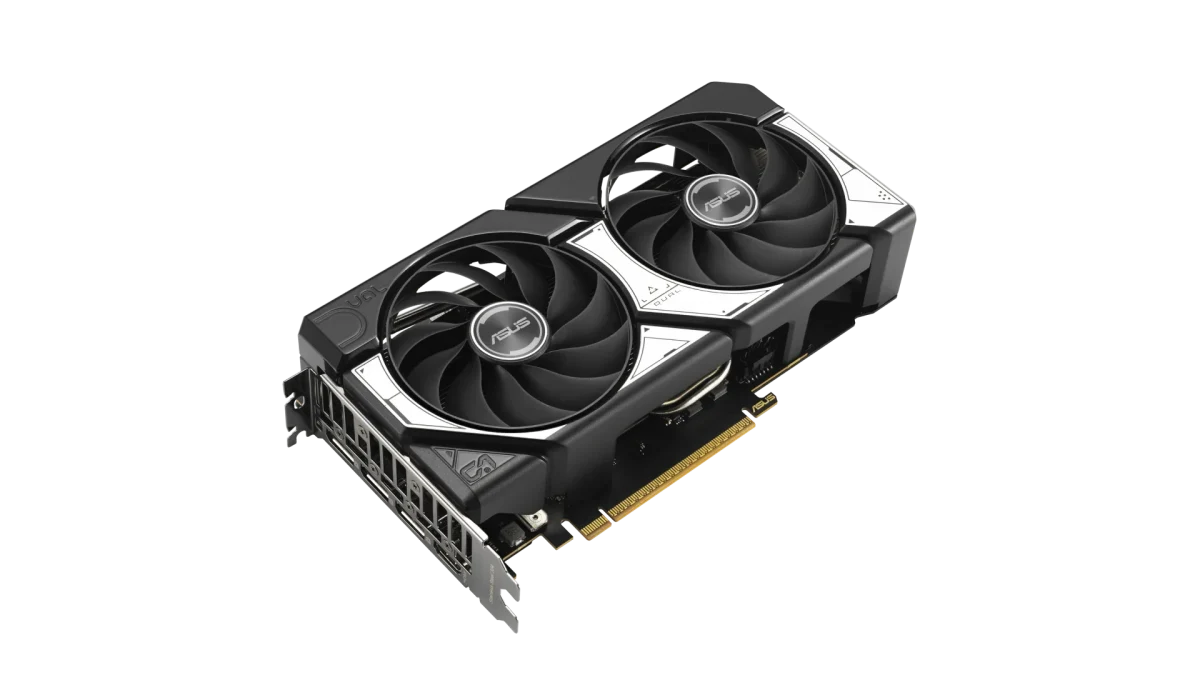 Siyah ve gümüş renkli, çift fanlı ASUS Dual RTX 5060 ekran kartı