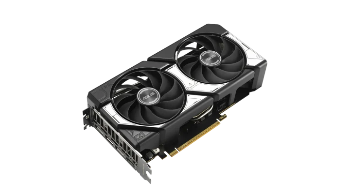 Siyah ve gümüş renkli, çift fanlı ASUS Dual RTX 5060 ekran kartı