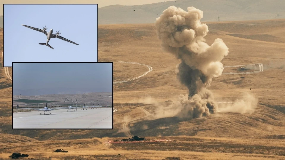 Tatbikat sahasında hedef vuruşu ve havadaki insansız hava araçlarını gösteren görüntü