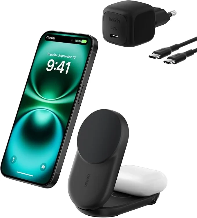 Belkin Qi2 25W şarj istasyonu, adaptör ve kablolarla birlikte