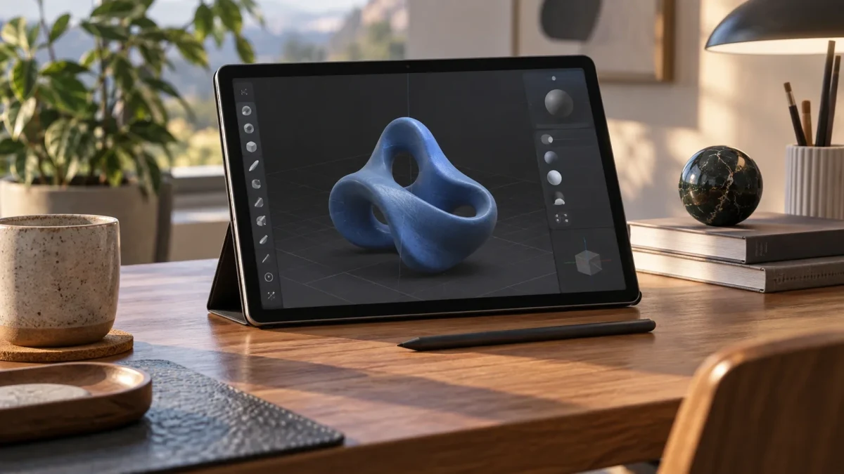 Bir tablet ekranında üç boyutlu modelleme arayüzü ve mavi bir 3D model