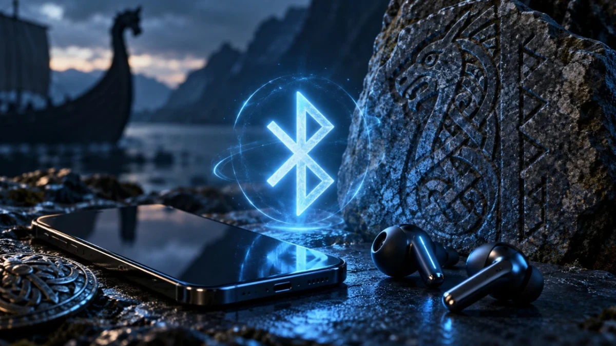 Viking temalı bir sahnede telefon, kablosuz kulaklıklar ve ışıklı Bluetooth simgesi