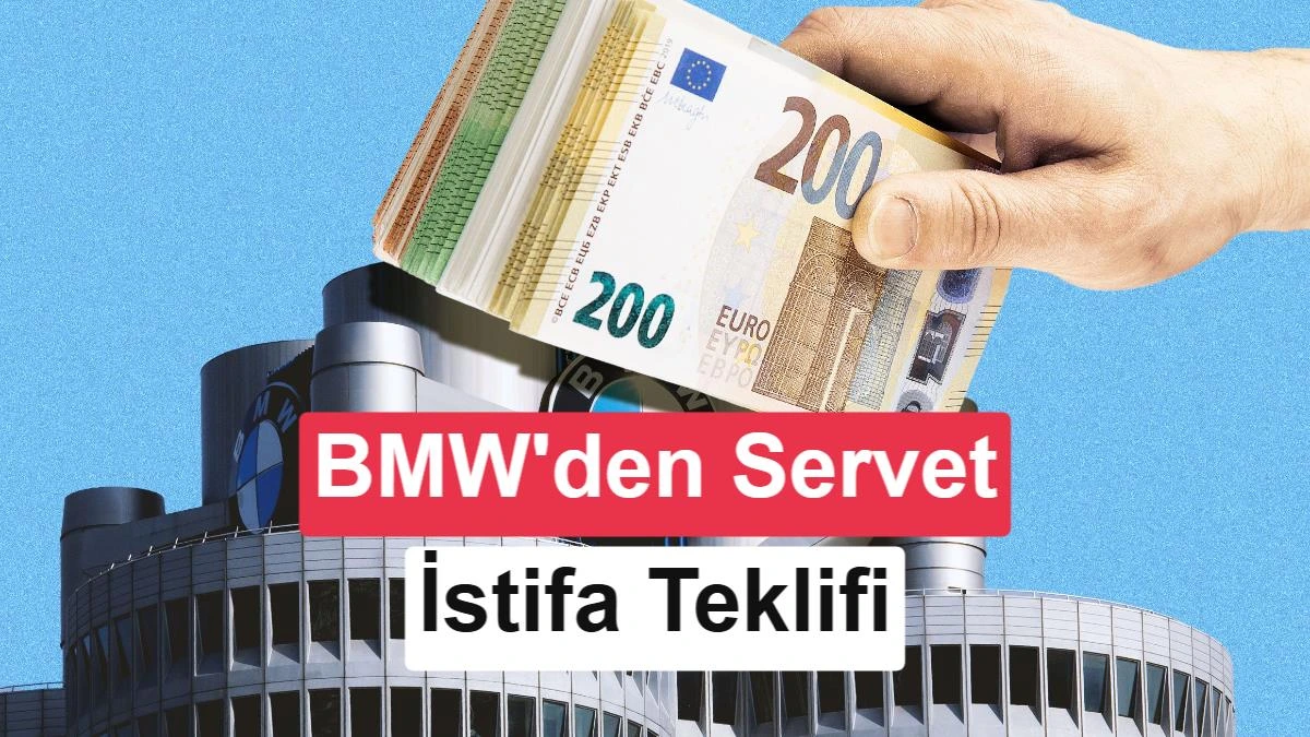 BMW genel merkez binası önünde euro banknotları ve gönüllü istifa teklifi yazısı