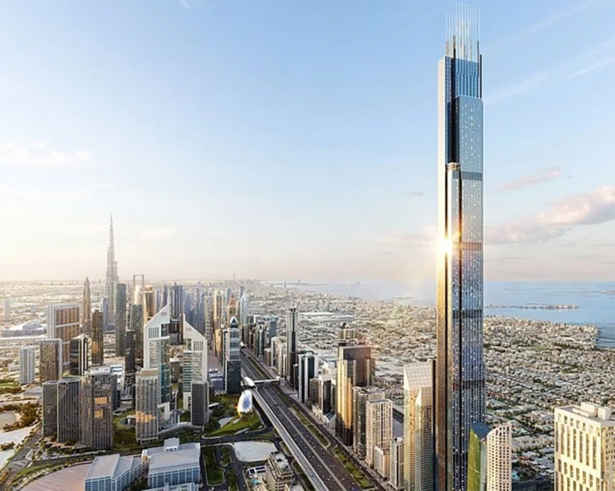 Dubai silüetinde yükselen Burj Azizi gökdeleninin tasarım görseli
