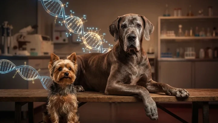 Küçük ve büyük bir köpeğin yanında DNA sarmalı illüstrasyonu