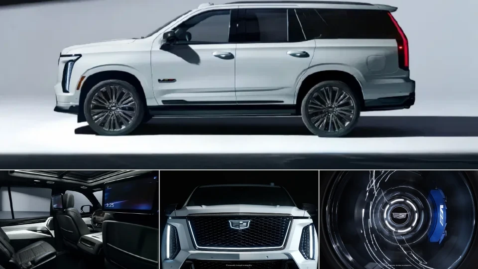 Beyaz Cadillac Escalade-V SUV ve aracın iç mekânı ile ön ızgarasını gösteren görsel kolajı