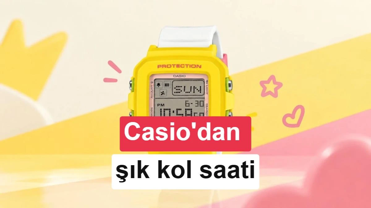 Sarı kasalı Casio Baby-G saati ve pembe silikon tutucusu