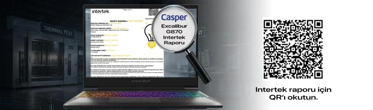 Laptop ekranında Intertek test raporu ve yanında QR kod bulunan görsel