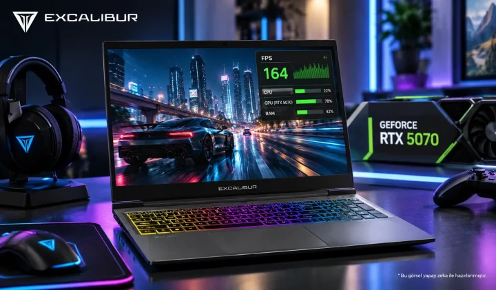 RGB aydınlatmalı klavyesinde oyun görüntüsü açık Casper Excalibur dizüstü bilgisayar ve RTX 5070 ibaresi