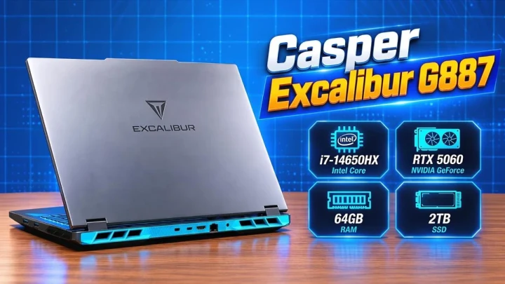 Casper Excalibur G887 dizüstü bilgisayarı ve modelin temel donanım özelliklerini gösteren tanıtım görseli