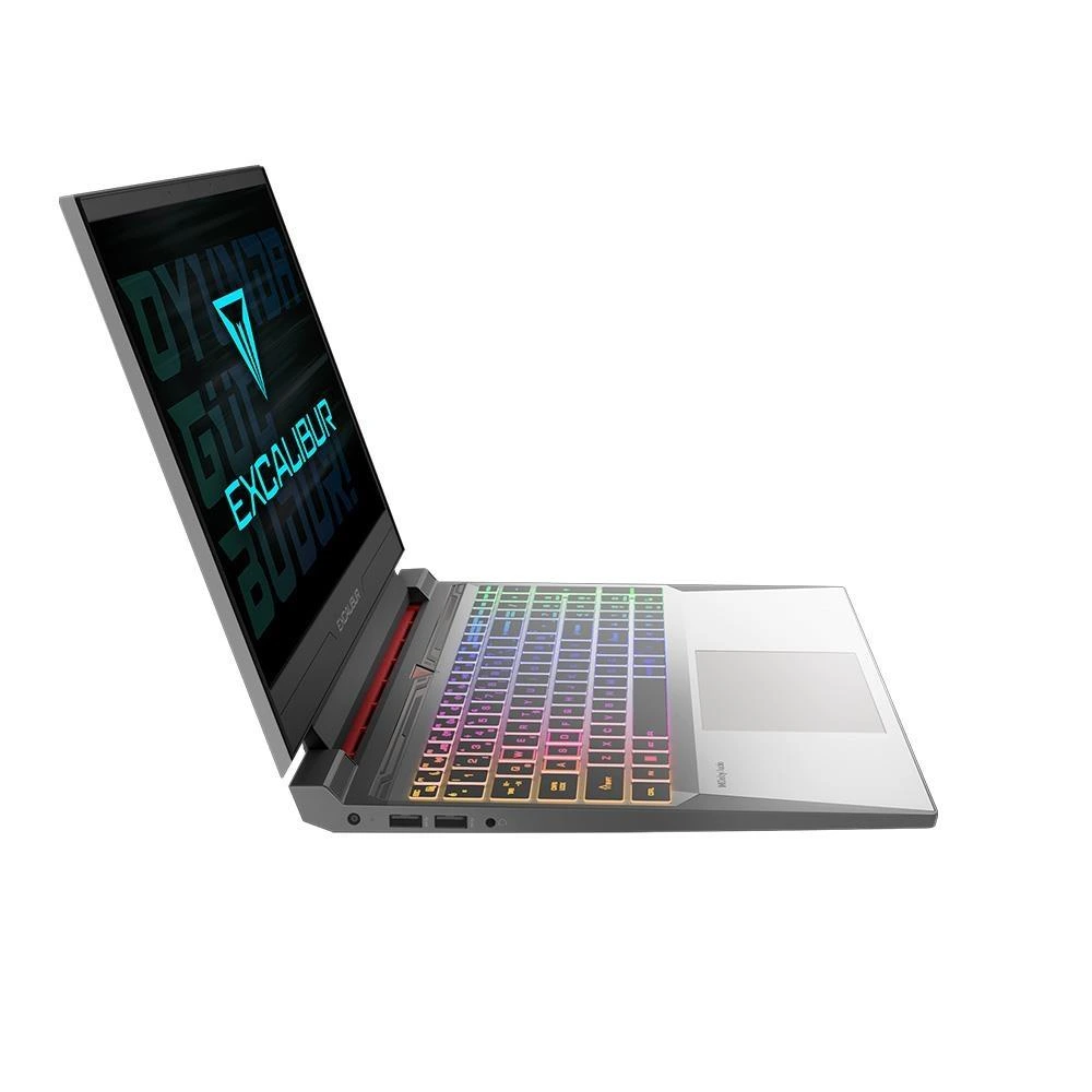 Ekranı açık ve klavyesi görünen Casper Excalibur laptopun yandan görünümü