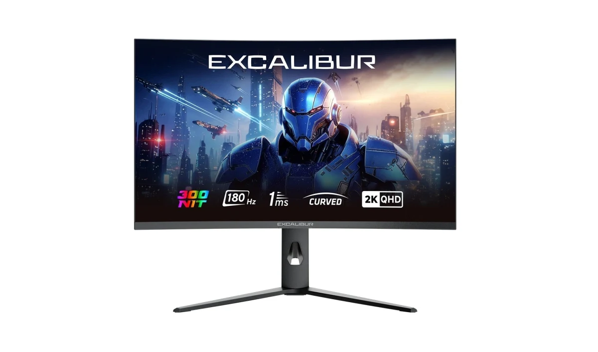 Ekranında Excalibur, 180 Hz ve QHD ibareleri bulunan kavisli monitör