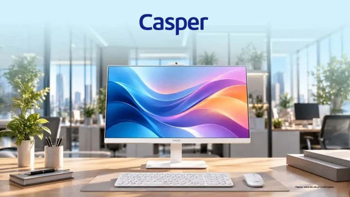 Casper markalı All-in-One bilgisayar, klavye ve fareyle bir ofis masasında