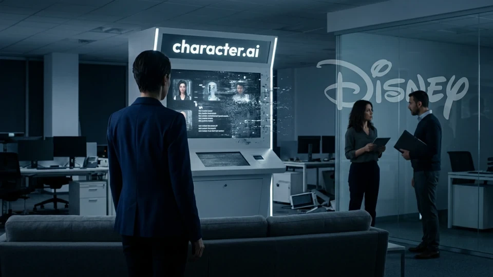 Character.AI ekranı ve Disney logosunun yer aldığı temsili ofis sahnesi