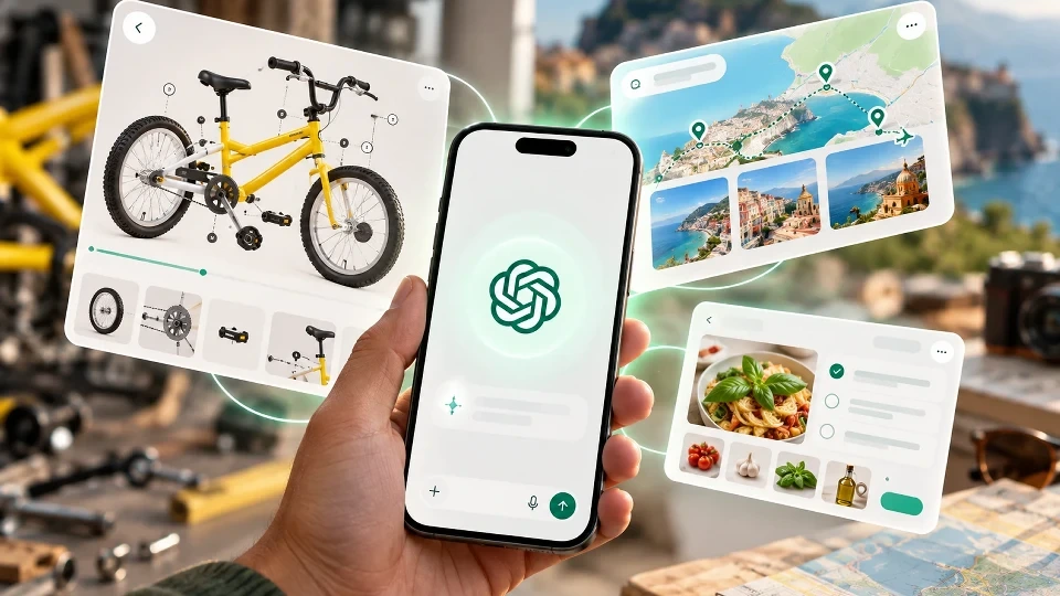ChatGPT logosu taşıyan telefonun çevresinde bisiklet, seyahat haritası ve yemek arayüzleri