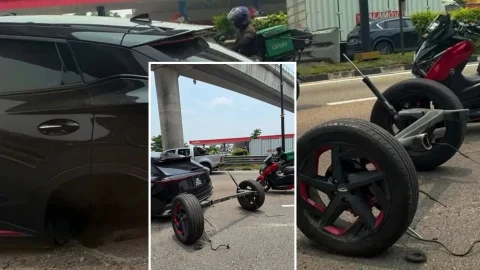 Siyah Chery Omoda 5’in arka aksı ve iki arka tekerleği araçtan ayrılmış halde yolda duruyor