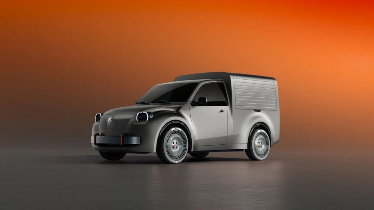 Turuncu fon önünde sergilenen gri Citroen 2 CV Fourgonnette Concept